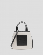 Black leather and ecru twill Agnes S shopping bag