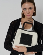 Black leather and ecru twill Agnes S shopping bag