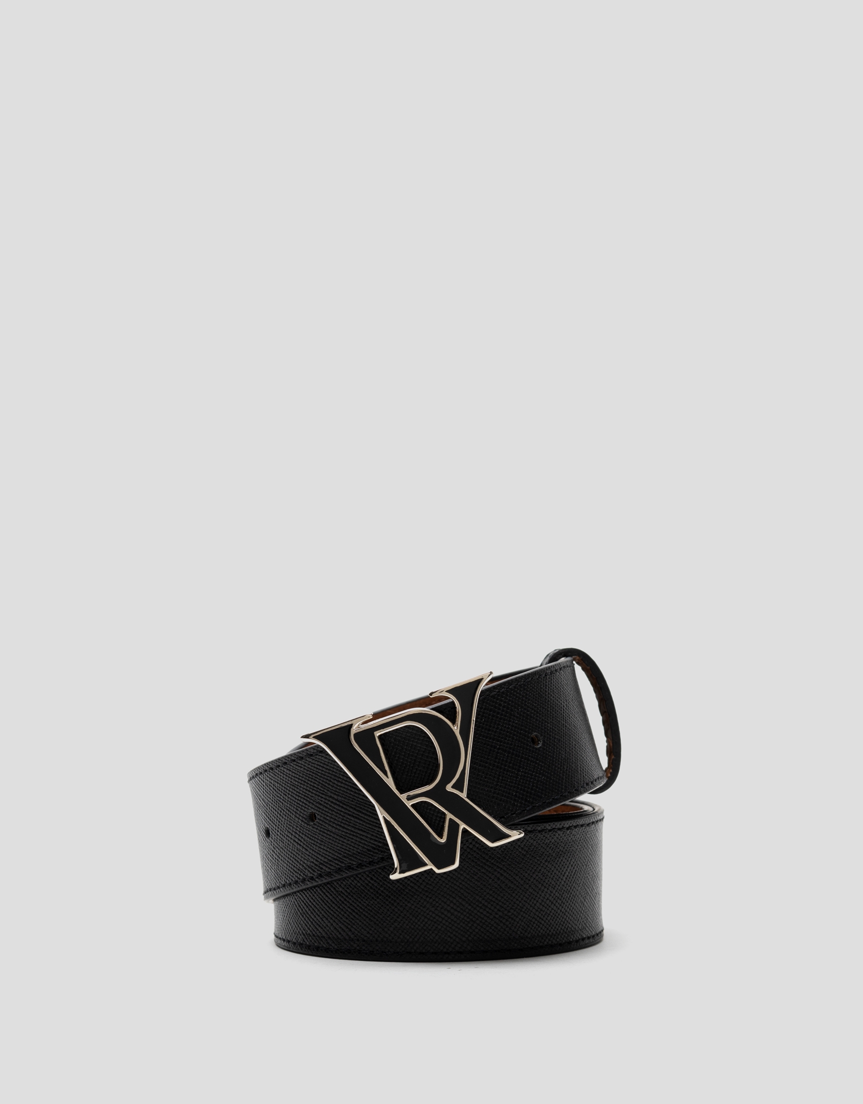 Black Saffiano leather belt with RV logo on enamelled buckle