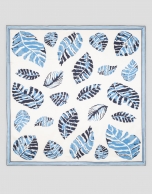 White silk scarf with blue leaf design