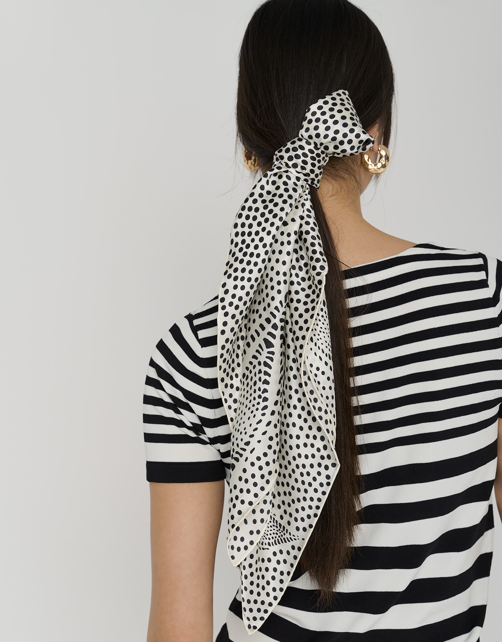 White silk scarf with black dotted geometric design