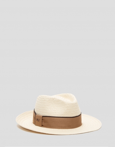 Camel vegetal fiber hat with brown ribbon