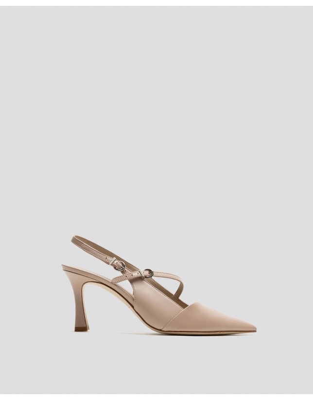 Beige leather sling-back pumps with strap 