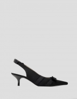 Black, sling-back pumps with frayed fabric