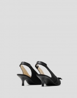 Black, sling-back pumps with frayed fabric