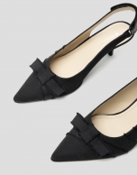 Black, sling-back pumps with frayed fabric