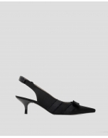 Black, sling-back pumps with frayed fabric