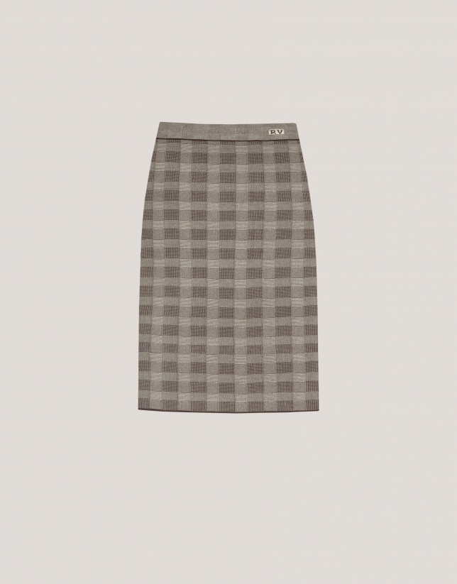 Brown checked knit midi skirt