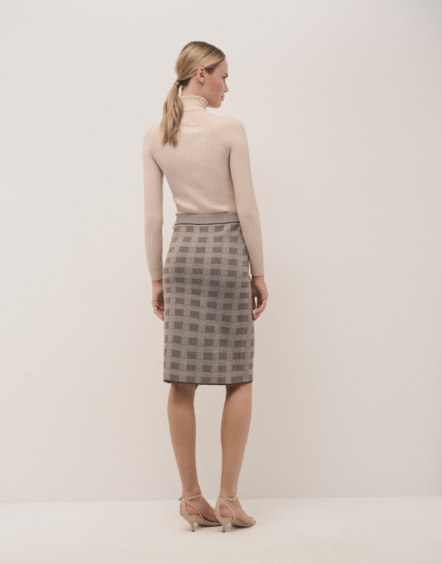 Brown checked knit midi skirt