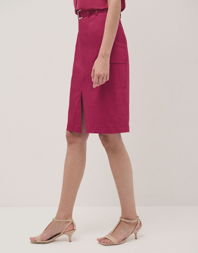 Knee skirt raspberry satin cotton