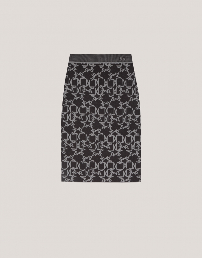 Falda midi jacquard punto estrellas negro y gris