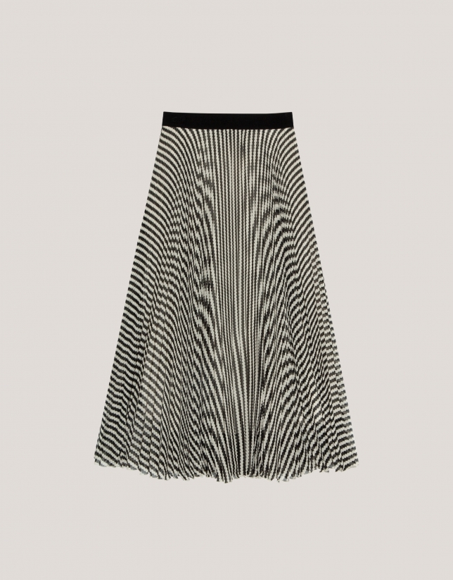 Black optical print pleated midi skirt