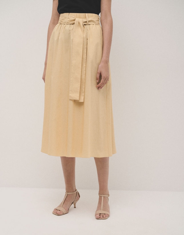 Mustard cotton gathered midi skirt