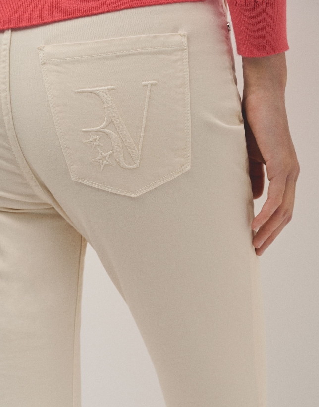 Beige high- waisted slim denim pants 