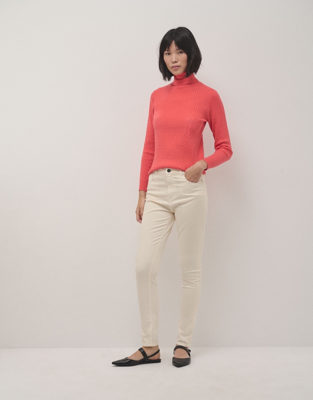 Beige high- waisted slim denim pants 