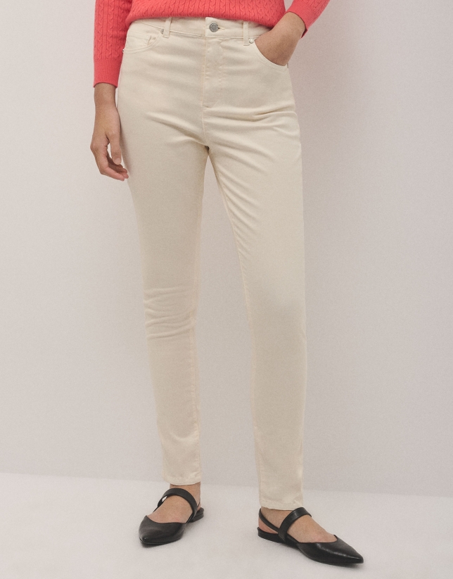 Beige high- waisted slim denim pants 