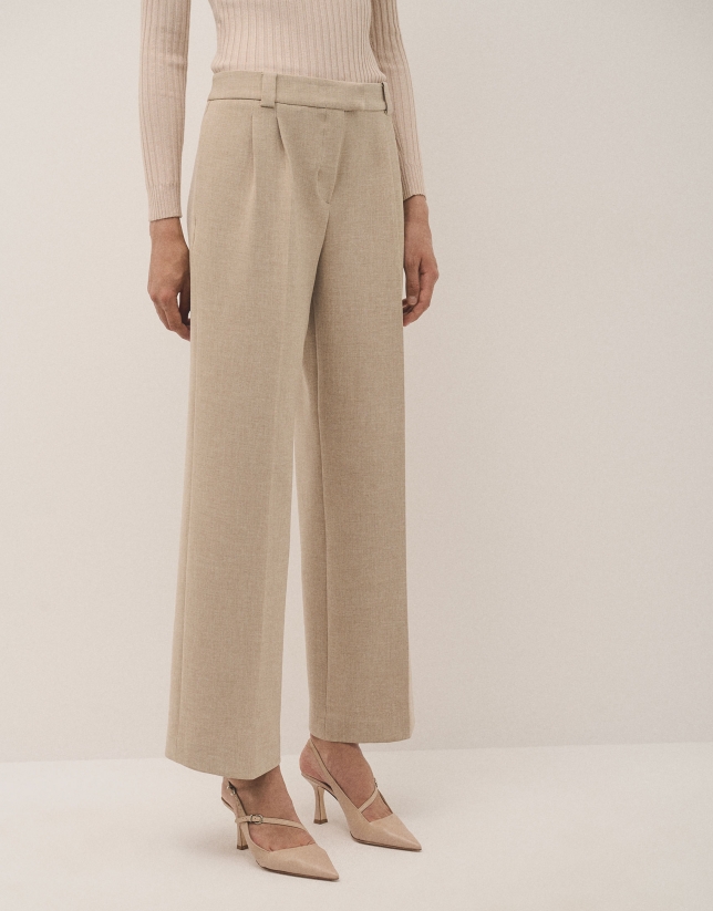 Beige straight double crepe pants with darts