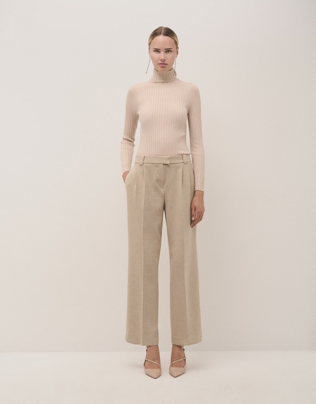 Beige straight double crepe pants with darts