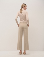 Beige straight double crepe pants with darts