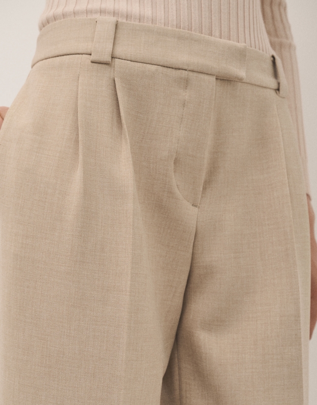 Beige straight double crepe pants with darts