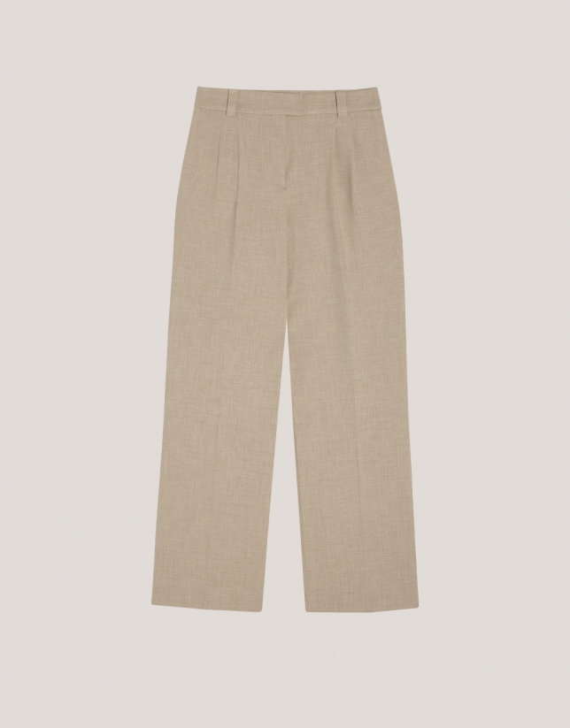 Beige straight double crepe pants with darts