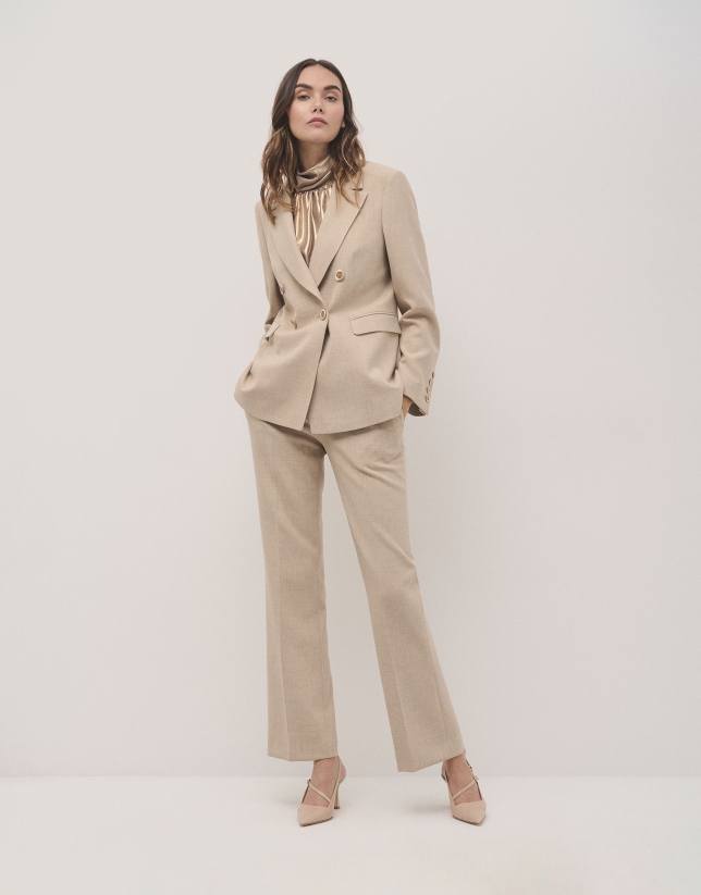 Beige straight double crepe pants with darts