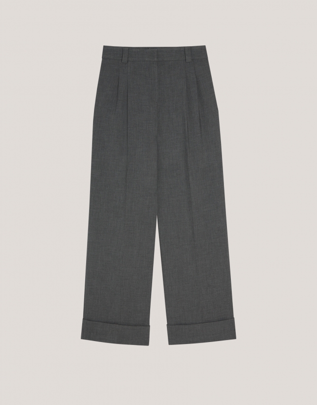 Grey double crepe tailored pants with rolled-up hem