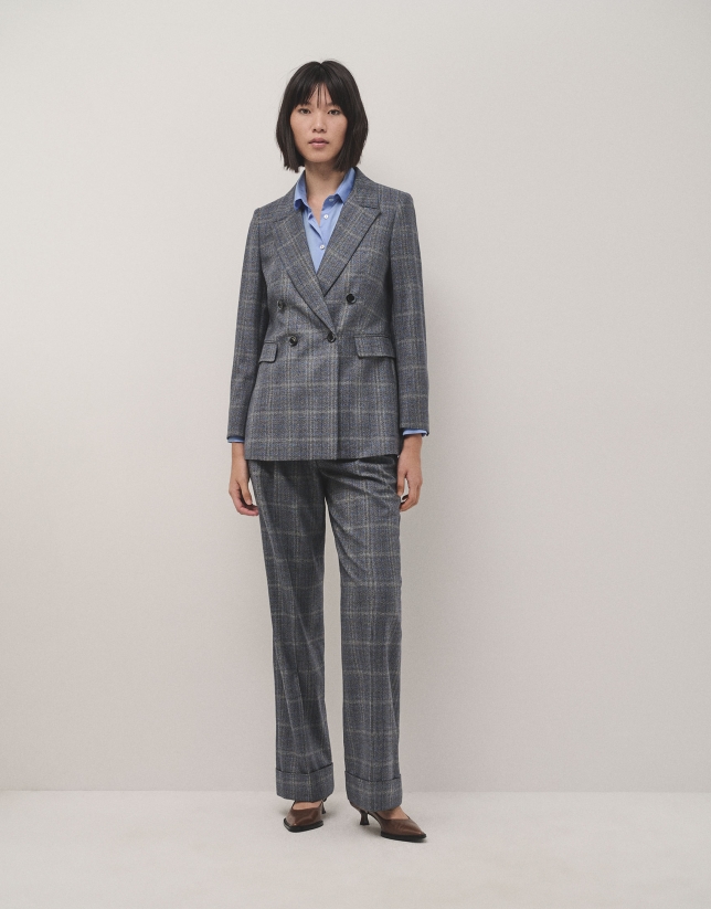 Grey and blue wales check wool tailored pants with rolled-up hem