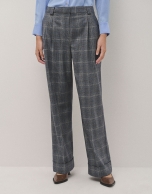 Grey and blue wales check wool tailored pants with rolled-up hem