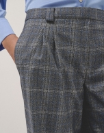 Grey and blue wales check wool tailored pants with rolled-up hem