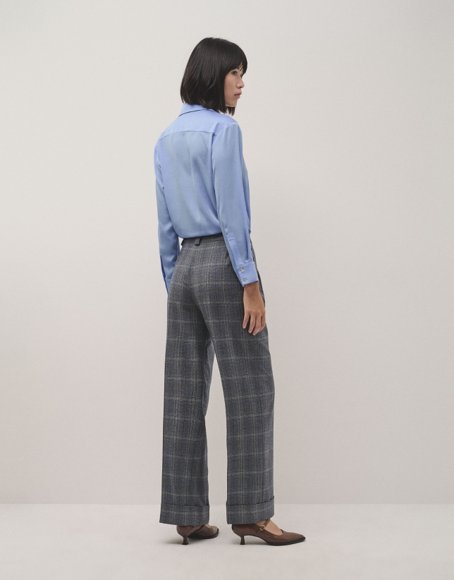 Grey and blue wales check wool tailored pants with rolled-up hem