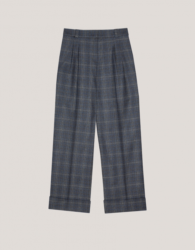 Grey and blue wales check wool tailored pants with rolled-up hem