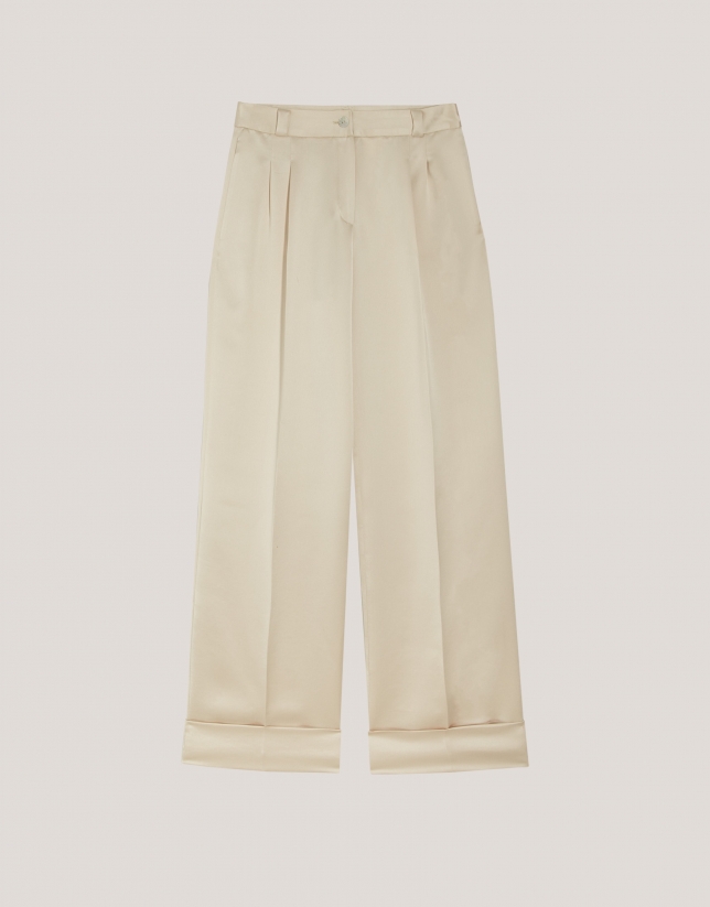 Beige crepe satin tailored pants with rolled-up hem