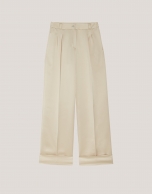 Beige crepe satin tailored pants with rolled-up hem