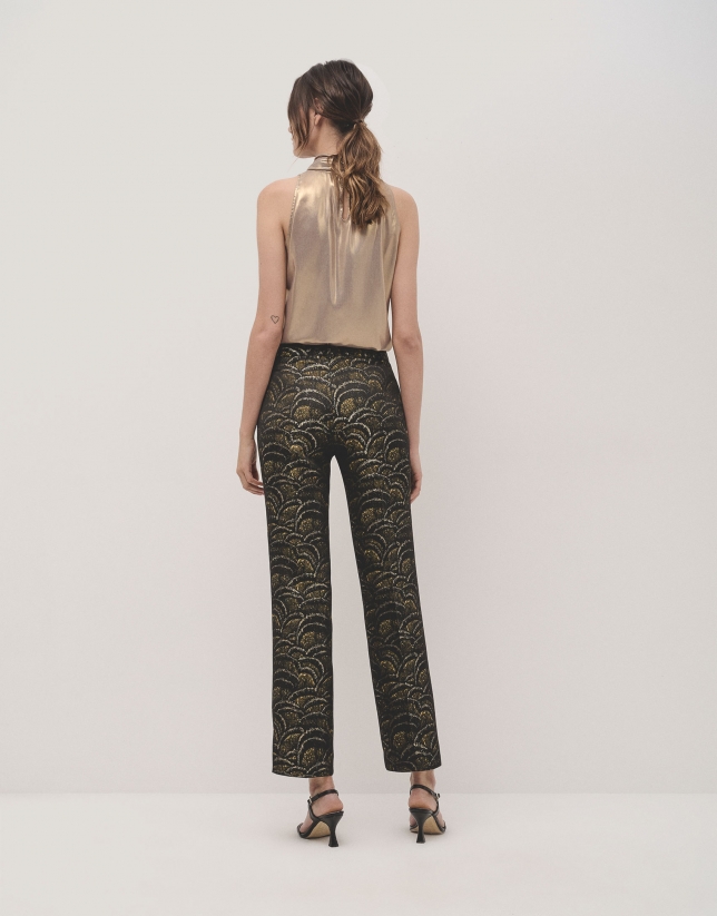 Pantalón recto jacquard dorado ondas