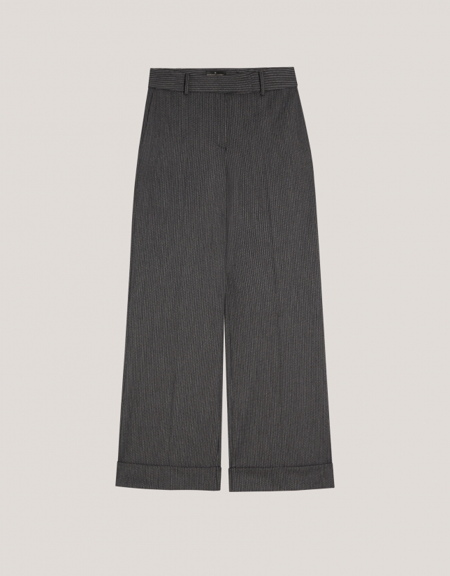 Grey tailored herringbone and discontinuous pinstriped pants with rolled-up hem