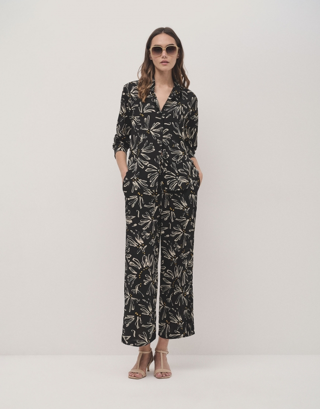 Black and beige floral print palazzo pants