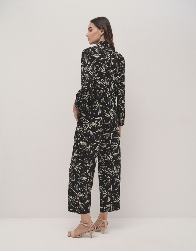 Black and beige floral print palazzo pants