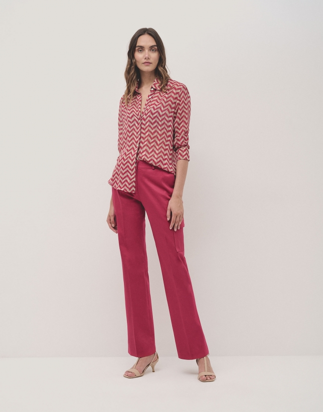 Raspberry cotton satin pants with pockets