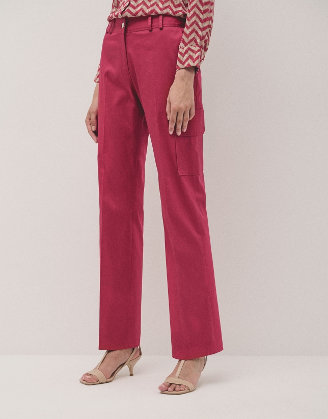 Raspberry cotton satin pants with pockets