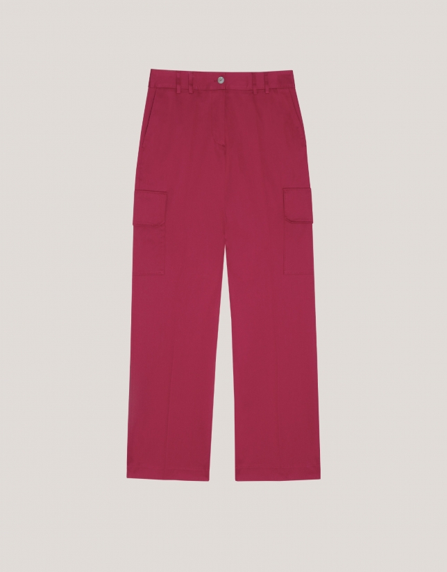 Raspberry cotton satin pants with pockets