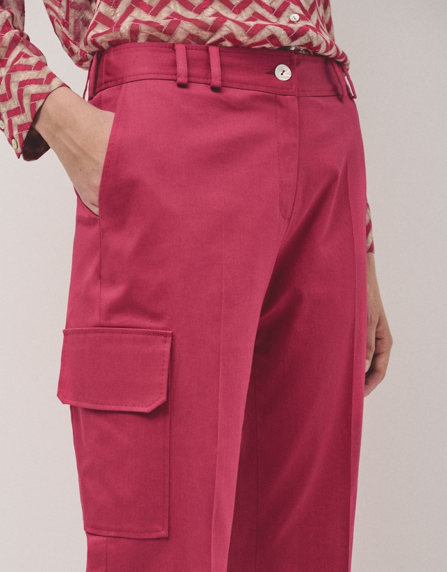 Raspberry cotton satin pants with pockets