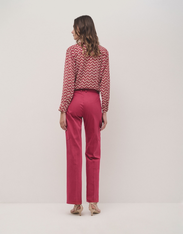 Raspberry cotton satin pants with pockets