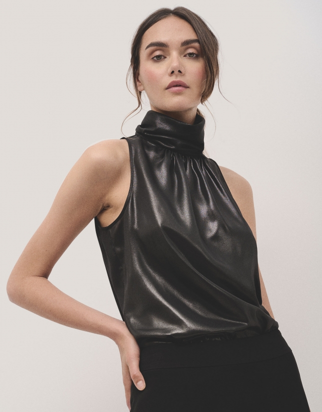 Black lamé halter neck top