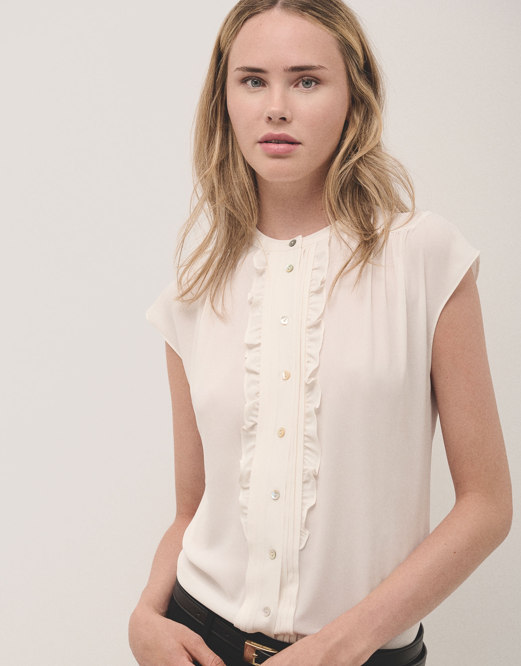 Ecru light crepe blouse with tucks