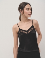 Black satin lingerie top with lace