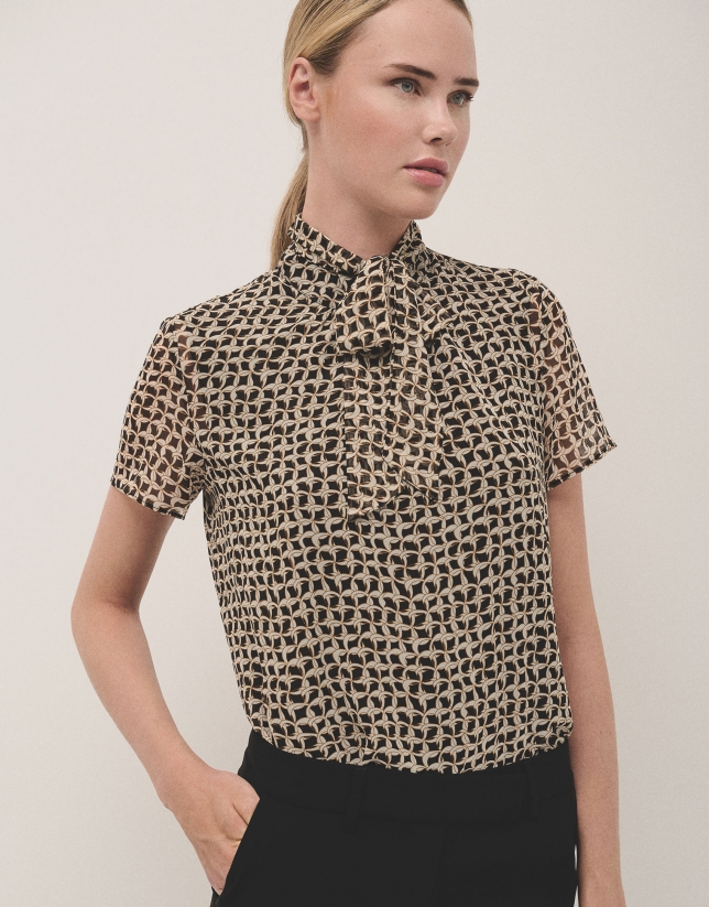 Brown geometric print blouse with bow