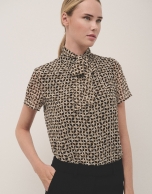 Brown geometric print blouse with bow