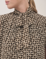 Brown geometric print blouse with bow