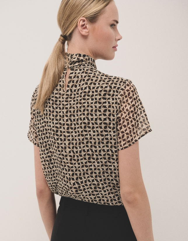 Brown geometric print blouse with bow